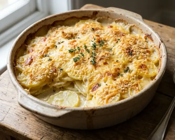 Un gratin de pommes de terre crémeux et doré, garni de thym frais, prêt à être dégusté.