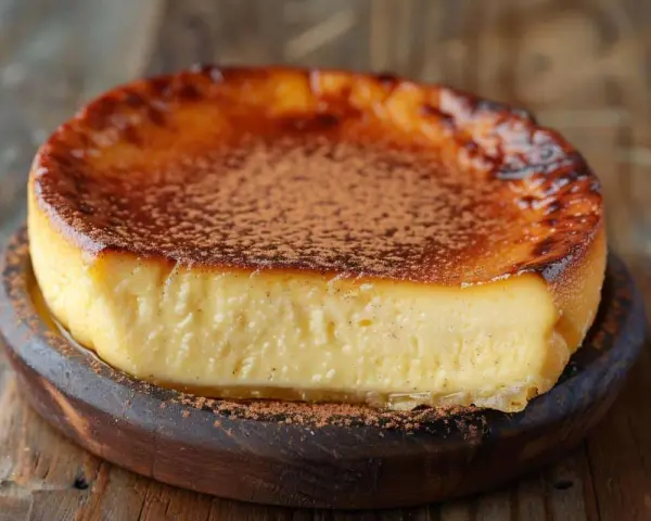 Un délicieux flan patissier sans pâte, à la texture crémeuse et au dessus caramélisé, saupoudré de cacao.