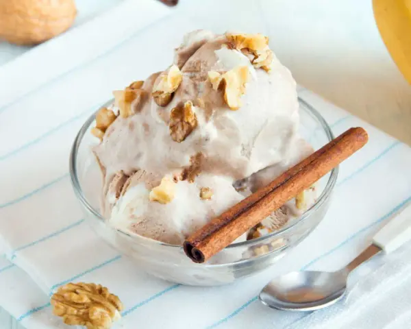 Un délicieux bol de glace au yaourt, garni de noix et d'un bâton de cannelle. Un délice rafraîchissant !