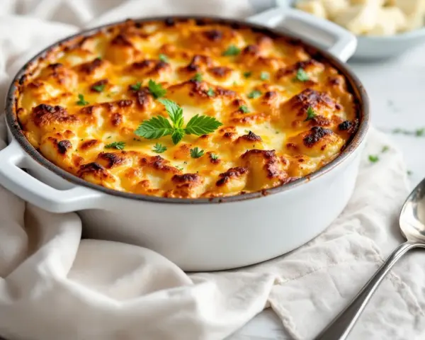 Un gratin de légumes doré et gratiné, garni de persil frais, prêt à être dégusté.