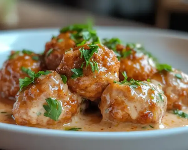 Boulettes de viande savoureuses baignant dans une sauce crémeuse, garnies de persil frais. Un plat réconfortant prêt à être dégusté.