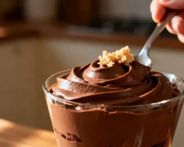 Une cuillère plonge dans une délicieuse mousse au chocolat au lait, garnie de miettes dorées.