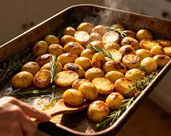 Pommes de terre grenaille au four, dorées et fumantes, parsemées de romarin et de thym. Un délice croustillant prêt à être dégusté.