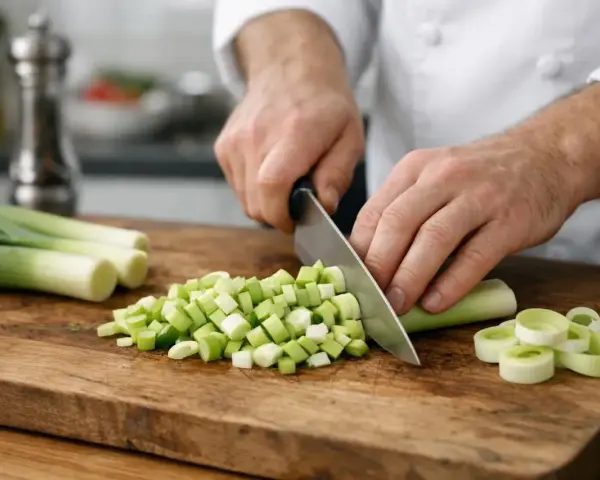 Préparation d'une recette poireaux : un chef coupe des poireaux en dés sur une planche en bois.