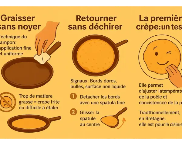 La première crêpe est un test pour ajuster la température. Une crêpe qui colle et se casse peut indiquer trop de matière grasse.