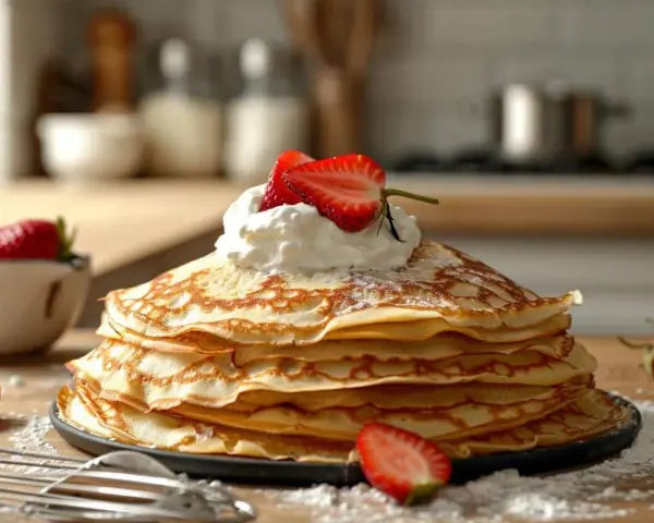 Pile de crêpes dorées, garnie de chantilly et fraises. Parfait pour une recette crêpe avec repos.