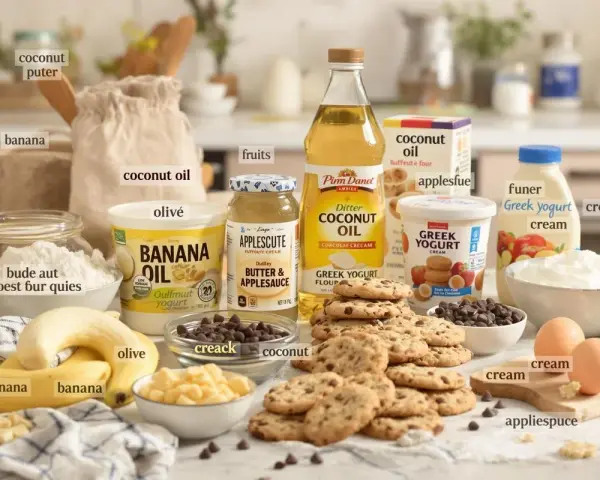 Ingrédients pour remplacer le beurre dans les cookies : huile de coco, yaourt grec, compote de pommes, banane.