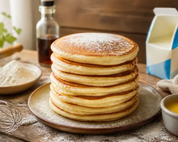 Pile de pancakes salés dorés, saupoudrés de sucre glace, avec des ingrédients de cuisine en arrière-plan.