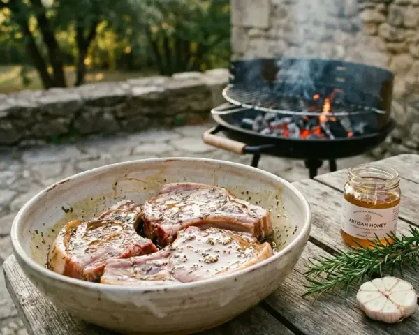 Côtelettes de porc dans une marinade savoureuse, prêtes pour le barbecue. Miel artisanal, romarin et ail complètent la scène.