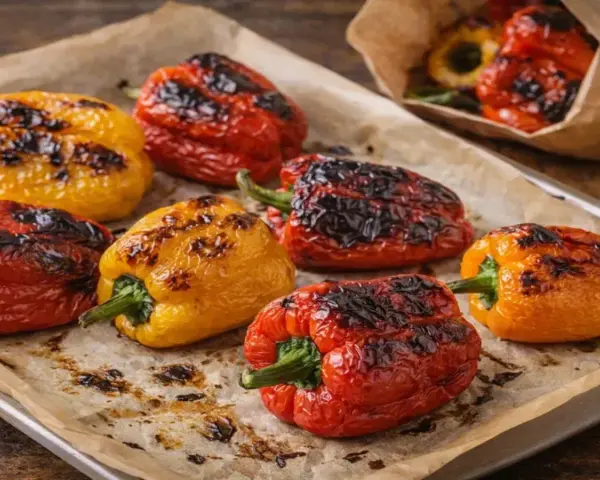 Poivrons rouges, jaunes et oranges grillés au four, sur une plaque recouverte de papier cuisson. Les marques de grill sont bien visibles.