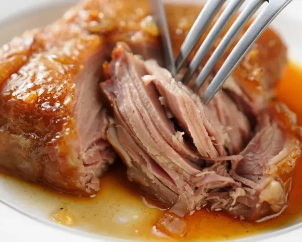 Une rouelle de porc au four, tendre et juteuse, est effilochée à la fourchette dans son jus doré.