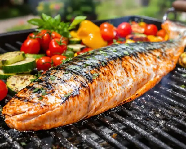 Un poisson entier, grillé à la perfection, avec des légumes colorés autour. Un délice de poisson au barbecue.