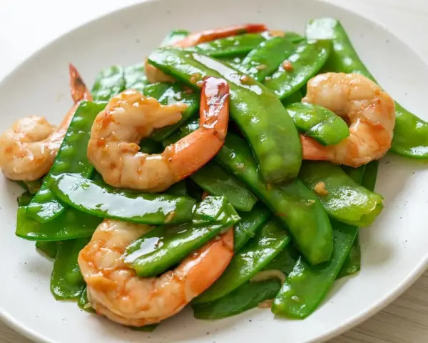 Crevettes sautées avec pois gourmand croquants, un plat coloré et savoureux.