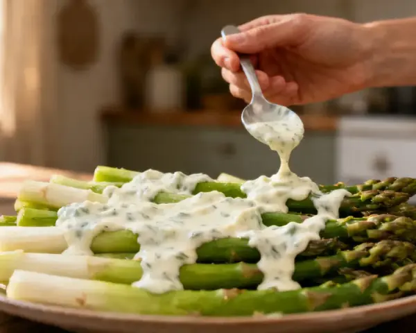 Une main verse une sauce légère pour asperges sur un plat d'asperges vertes et blanches.