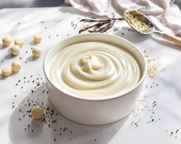 Un bol de ganache vanille onctueuse, parsemé de grains de poivre et de quelques billes de chocolat blanc. Des gousses de vanille et une cuillère de graines complètent la scène.