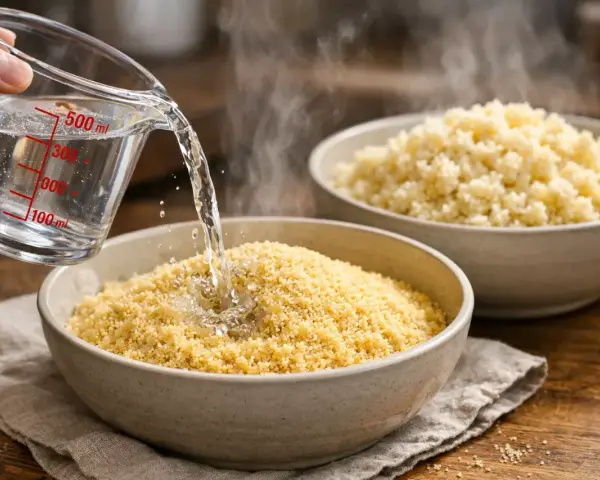 Versez de l'eau bouillante sur la semoule pour obtenir la quantité parfaite par personne. Vapeur s'échappe des bols.