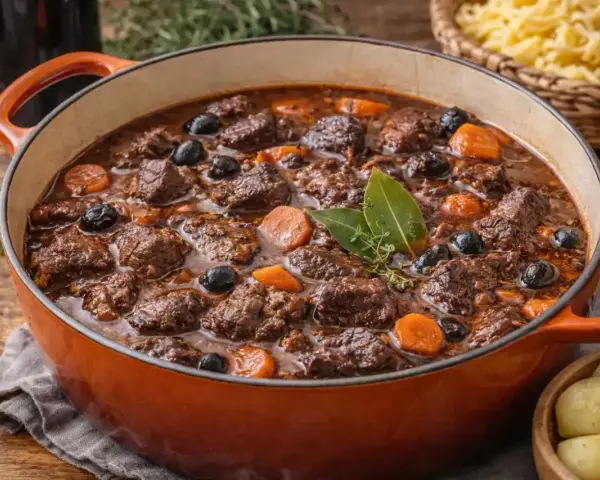 Un plat mijoté de daube de boeuf, avec des carottes, des olives et des herbes, prêt à être dégusté.