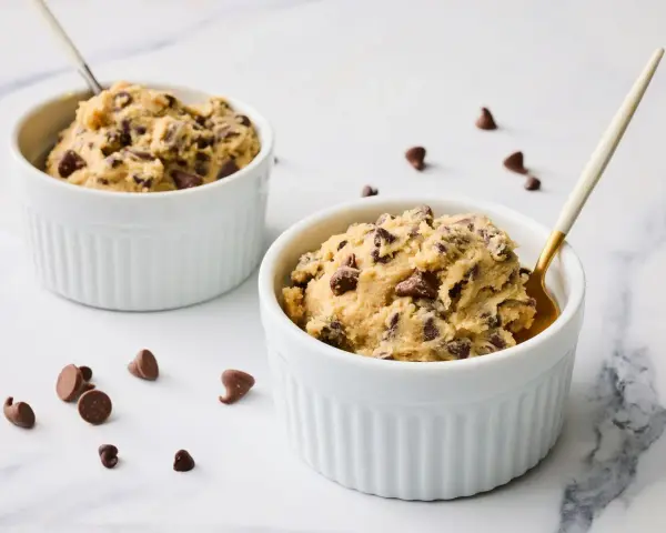 Deux ramequins blancs remplis de pâte à cookie aux pépites de chocolat, prêts à être dégustés.