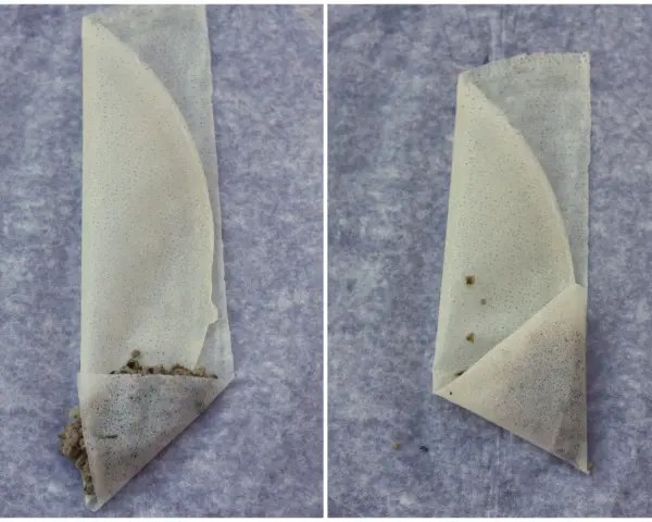 Deux étapes pour comment plier des feuilles de brick garnies en forme de triangle. La feuille est pliée sur la farce.