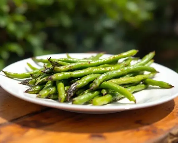 Une assiette de haricots verts grillés, une portion parfaite par personne pour un repas sain et savoureux en extérieur.
