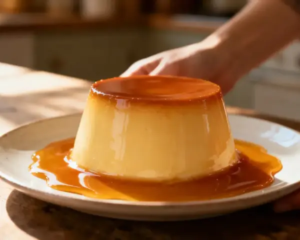 Un flan onctueux baignant dans un délicieux caramel liquide, prêt à être dégusté.