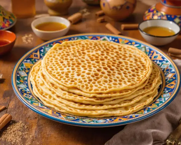 Pile de crêpes aux alvéoles parfaites, une merveille qui répond à la question : pourquoi ma pâte à crêpe fait des trous. Servies avec du miel.