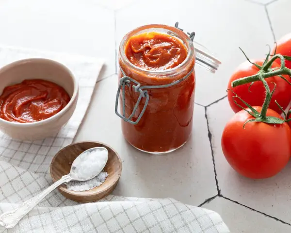 Un pot de coulis de tomates maison, des tomates fraîches et une cuillère de sel, prêts pour une recette savoureuse.