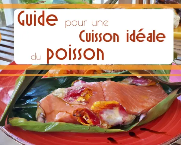 Guide pour une cuisson idéale du poisson. Un filet de saumon cru, garni de légumes, est enveloppé dans des feuilles vertes sur une assiette rouge.