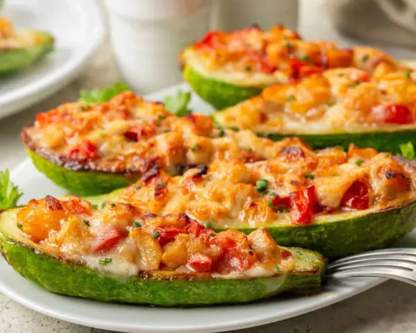 Courgettes farcies appétissantes, garnies de fromage fondant et de légumes colorés, prêtes à être dégustées.