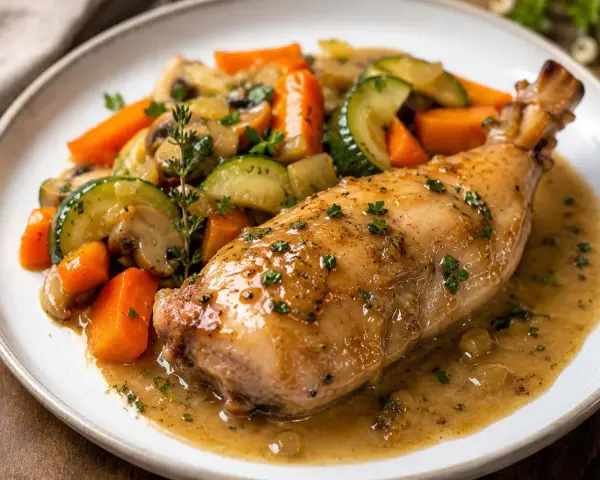 Un savoureux lapin chasseur, rôti à la perfection, servi avec des carottes, courgettes et champignons dans une sauce onctueuse.
