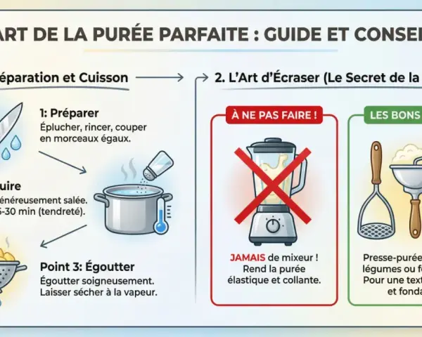 Guide pour une purée maison parfaite : préparation, cuisson, égouttage et écrasage. Évitez le mixeur pour une texture aérée et fondante.