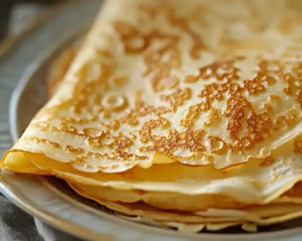 Pile de crêpes dorées sur une assiette, parfaites pour une recette crêpe 6 personnes.