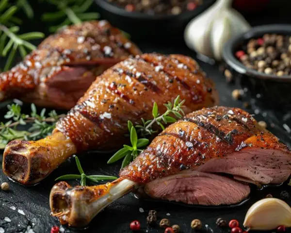 Trois cuisses de canard rôties, dorées et juteuses, garnies d'herbes fraîches, de grains de poivre et d'ail.