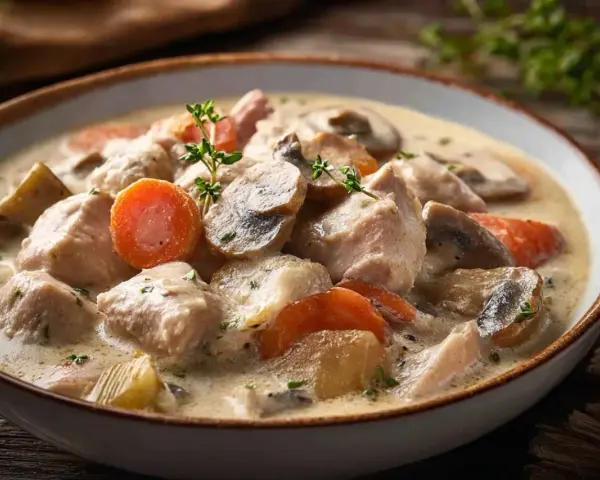 Un réconfortant blanquette de dinde avec des morceaux de dinde, des carottes et des champignons dans une sauce crémeuse, garnie de thym frais.