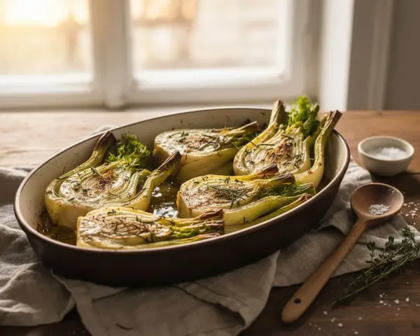 Fenouil braisé aux herbes, doré et tendre, servi dans un plat ovale. Une cuillère en bois et un bol de sel complètent cette scène rustique.