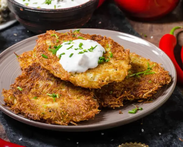 Trois galettes de pomme de terre dorées et croustillantes, garnies de crème aigre et de ciboulette, sur une assiette.