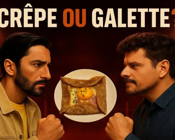 Deux hommes se font face, un œuf au plat sur une galette bretonne au centre. Le titre "Crêpe ou Galette ?" suggère un duel culinaire.