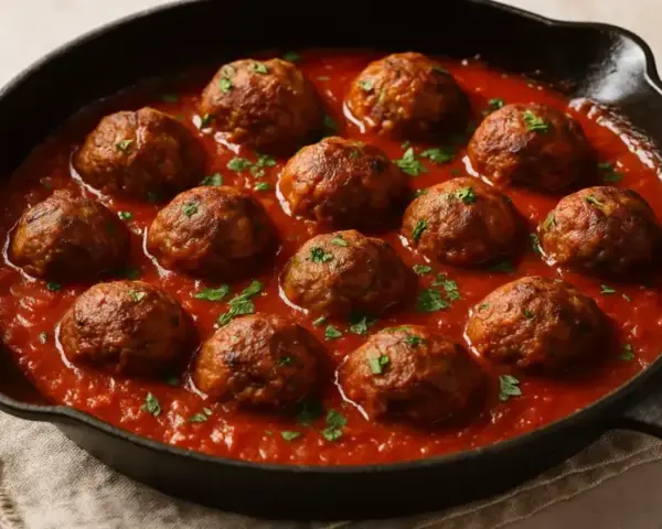 Boulettes de bœuf haché mijotant dans une sauce tomate savoureuse, garnies de persil frais. Une recette réconfortante.