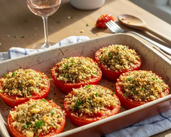 Six tomates provençales garnies d'une chapelure croustillante et d'herbes, dans un plat à gratin. Un verre de rosé et des couverts sont à proximité.