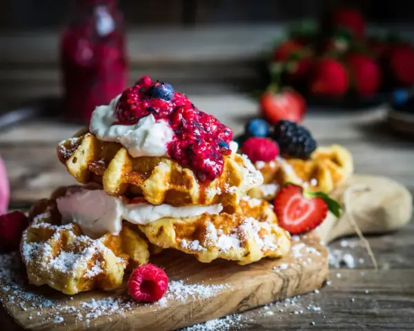 Pile de gaufres traditionnelles garnies de crème fouettée et de fruits rouges, saupoudrées de sucre glace. Un délice pour une recette de gaufre traditionnelle réussie.
