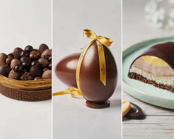 Délicieux gâteau de Pâques en chocolat : un nid rempli d'œufs, un œuf géant décoré d'un ruban, et une part de gâteau aux couches gourmandes.
