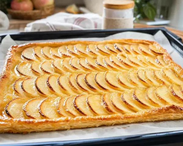 Une tarte aux pommes rectangulaire, aux fines tranches de pommes dorées sur une pâte feuilletée croustillante, prête à être dégustée.