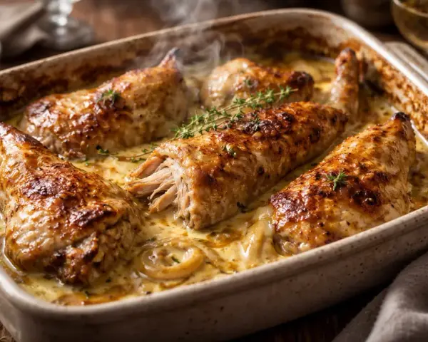 Un déliceux lapin au four, doré et tendre, mijotant dans une sauce crémeuse aux herbes.