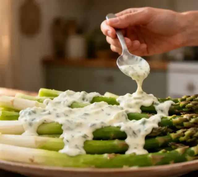 Une main verse une sauce légère pour asperges sur un plat d'asperges vertes et blanches.