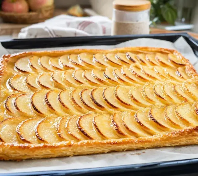 Une tarte aux pommes rectangulaire, aux fines tranches de pommes dorées sur une pâte feuilletée croustillante, prête à être dégustée.