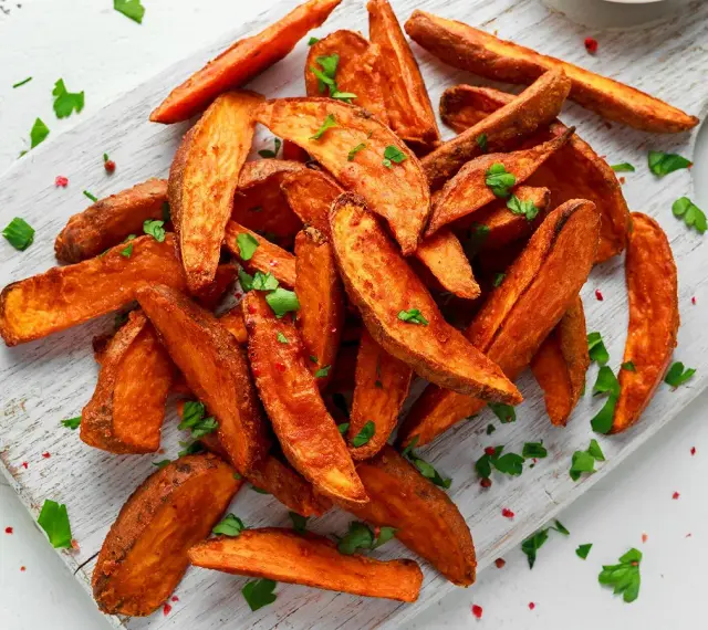 Des frites de patate douce dorées et croustillantes, parsemées de persil frais et de poivre rose, sur une planche en bois.