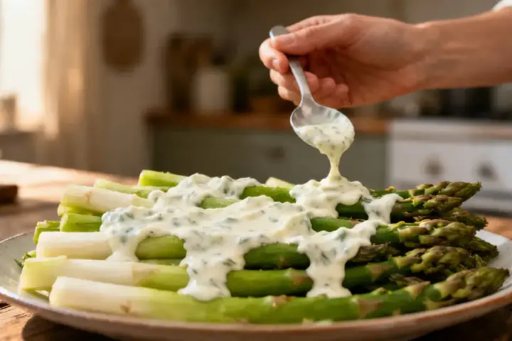 Une main verse une sauce légère pour asperges sur un plat d'asperges vertes et blanches.