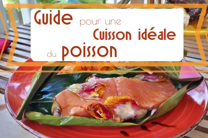 Guide pour une cuisson idéale du poisson. Un filet de saumon cru, garni de légumes, est enveloppé dans des feuilles vertes sur une assiette rouge.