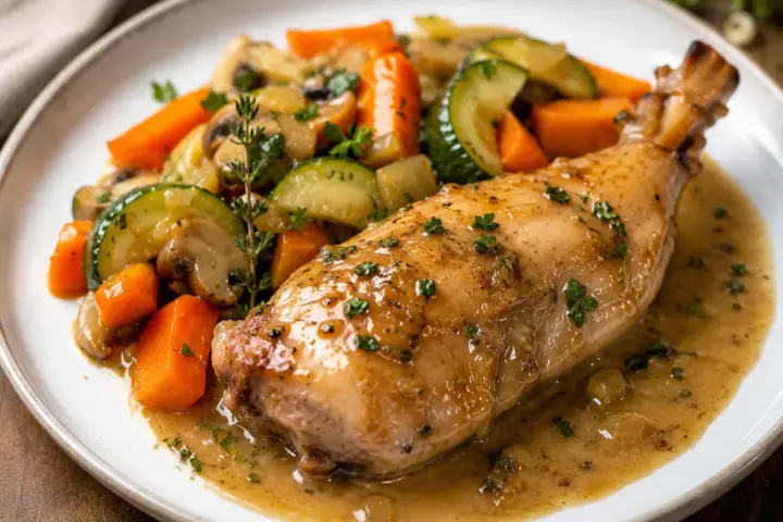 Un savoureux lapin chasseur, rôti à la perfection, servi avec des carottes, courgettes et champignons dans une sauce onctueuse.