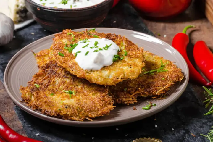 Trois galettes de pomme de terre dorées et croustillantes, garnies de crème aigre et de ciboulette, sur une assiette.